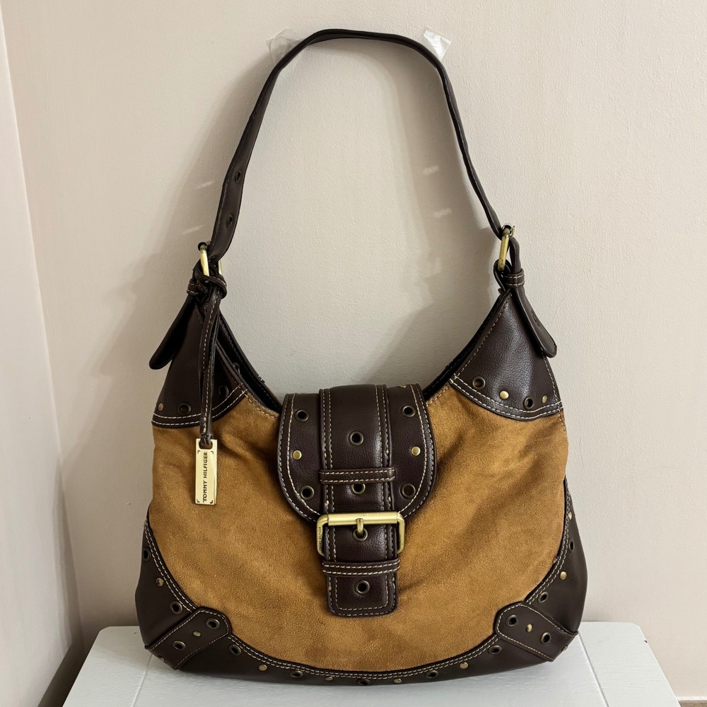 Vintage Tommy Hilfiger Y2K Brown Leather Suede Hobo Shoulder Bag Buckle Soho